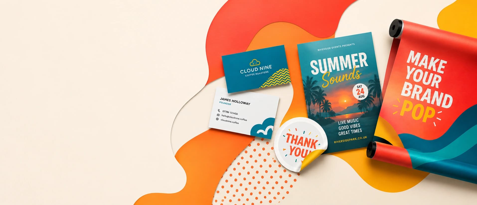 Colourful business cards, flyers, stickers and printed banner material
